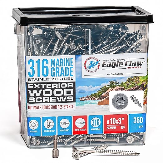 Allen's Trading Co. #10 x 3 Inch 316 Stainless Steel Screws Marine Grade (350 Pack, T25 Star) | Stainless Steel Wood Screws w/Driver Bit | High Corrosion Resistance for Coastal Construction