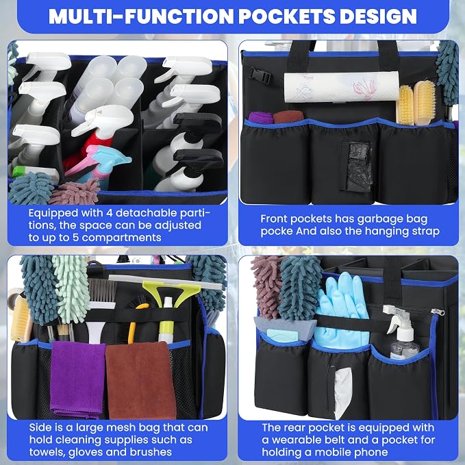 Large Rolling Cleaning Caddy Bag with Detachable Trolley, Cleaning Supplies Organizer Caddy on Wheels with Multi-pocket & Waist Pouch, Water Resistant Cleaning Cart with Shoulder Strap for Housekeeper