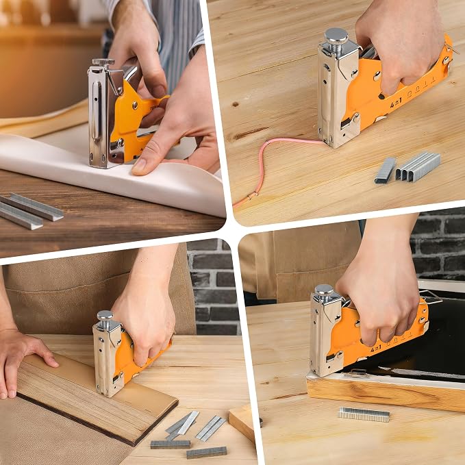 4-in-1 Staple Gun, Heavy Duty Stapler with 800 Staples and Staple Remover, Adjustable Force Upholstery Staple Gun for Wood, Furniture, Crafts, DIY, Cable, Carpet