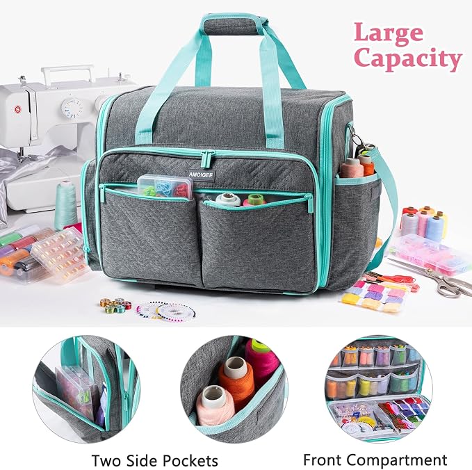AMOIGEE Full-Open Sewing Machine Case, Large Sewing Machine Storage Bag for Travel - Heavy-Duty Embroidery Tote for Brother Singer Janome Standard Machines Holder with Pocket for Accessories and Tools