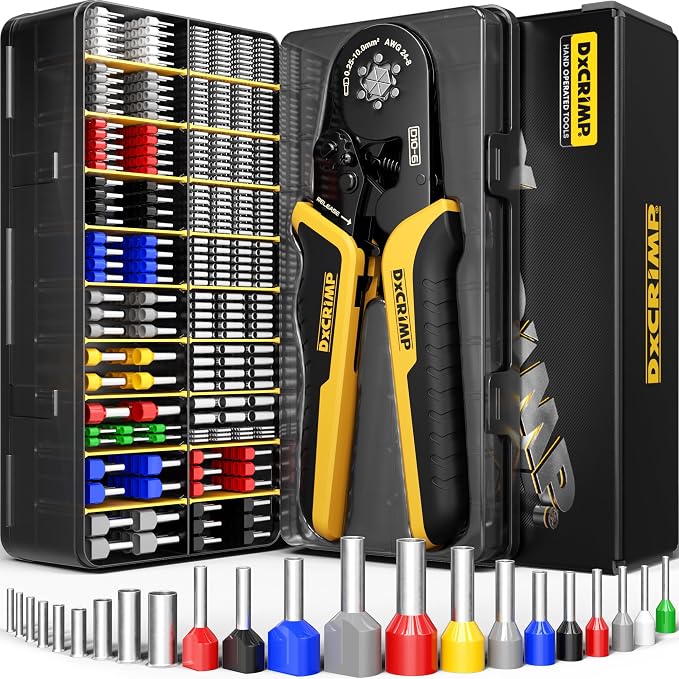Ferrule Crimping Tool Kit, Ratchet Pliers for 24-8 AWG with 24 Types Insulated, Non-Insulated and Two Wire Ferrules, Wire Ferrules Kit, Hexagon Ferrule Crimper set, Electrician tool