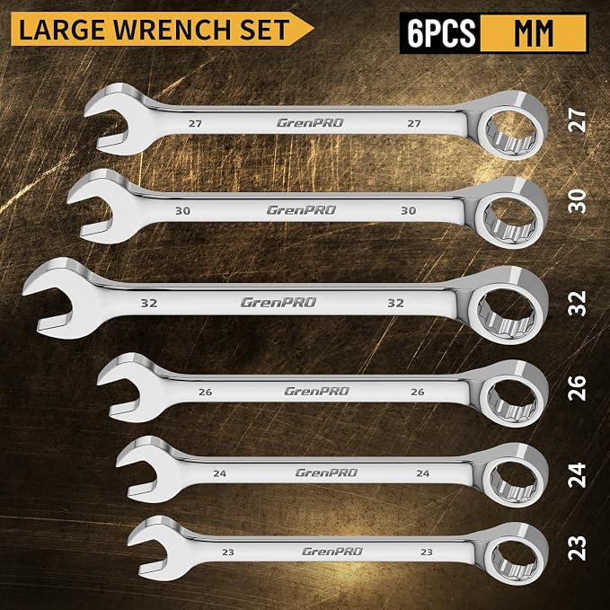 GRENPRO Metric Wrench Set, Large Wrench Set Metric and Standard, 7PC 23mm, 24mm, 26mm, 27mm, 30mm, 32mm Long Big Open End Wrench Tool Set Roll Up Pouch Organizer with Gauge, Combination Wrenches Sets