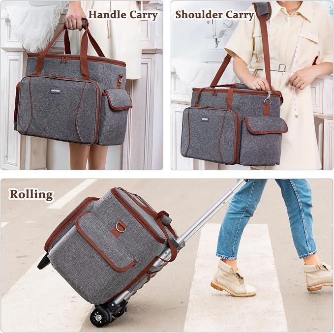 AMOIGEE Rolling Sewing Machine Case with Wheels – Sewing Machine Bag with Detachable Wheels Frame, Trolley Tote with Removable Padding,Fits Most Standard Machines Compatible with Singer,Brother,Janome