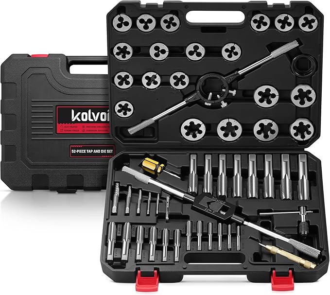 Kolvoii 52-Piece Large SAE Tap and Die Set, 1/4"-20 to 1"-14 Coarse and Fine Threads, Heavy-Duty GCr15 Steel Thread Repair & Rethreading Tool Kit for Internal & External Thread