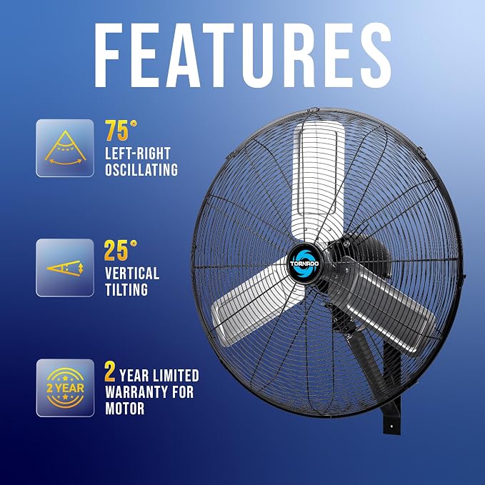 Tornado 24 Inch Pro Series High Velocity Oscillating Wall Mount Fan For Commercial, Industrial Use 3 Speed 7200 CFM 6.6 FT Cord UL Safety Listed