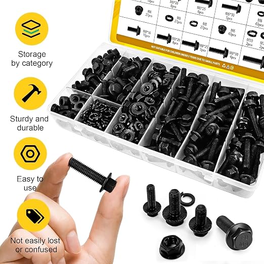 248PCS M6 Flange Hex Bolt Assortment Kit,M6-1.0 x 12/16/20/25/30 mm Metric Bolts and Serrated Flange Nuts Washers Assorted,10.9 Black Zinc Galvanized