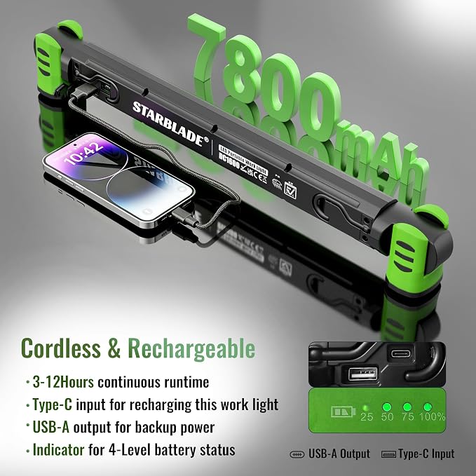 Underhood Magnetic Work Light for Mechanics, 4 Modes 2700K-6500K LED, 7800mAh 12H Battery, IP65 Waterproof, USB-C Rechargeable Hood Light for Car Repair/Garage/Emergency (Green)