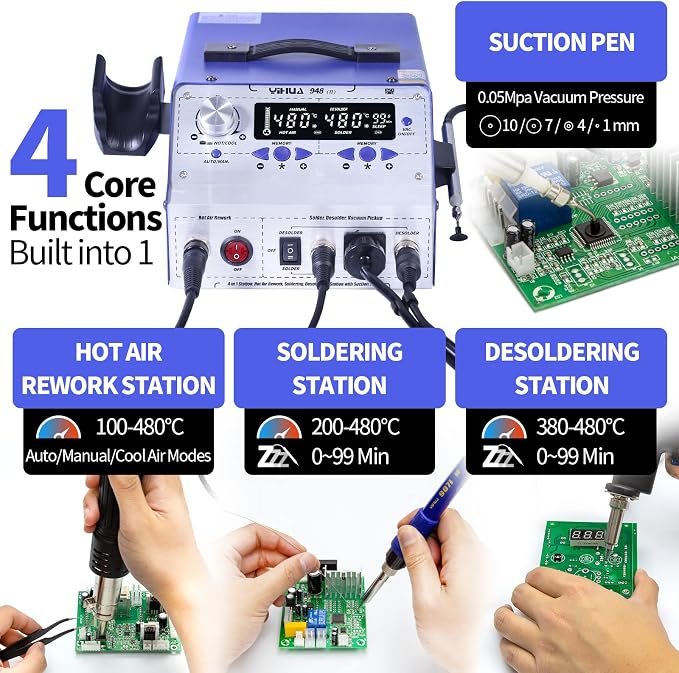 YIHUA 948-II 4 in 1 Hot Air Rework Soldering Iron and Desoldering Suction Tin Gun Station with Suction Pick Up Pen °F /°C