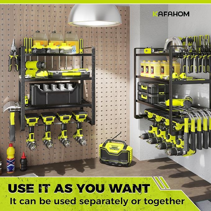 KAFAHOM Power Tool Organizer, 8 Drill Holder Wall Mount, 4 Layers Garage Tool Organizers and Storage Rack, Tool Shelf with Screwdriver/Plier/Hammer Holder