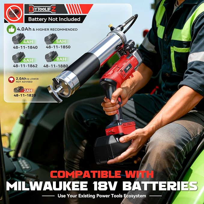 DIYtoolifz Cordless Grease Gun Compatible with Milwaukee 18V Battery, 12000PSI High-Pressure with 2-in-1 Rotating Handle, 39.4" Hose & 4 Couplers for Bulk & Cartridge Grease (Tool Only)