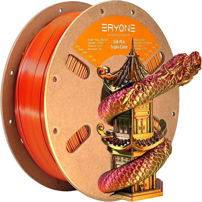 ERYONE Silk Tri Color PLA Filament 3D Printer 1.75mm +/- 0.03mm, Multicolor Filament Tricolor PLA 1KG(2.2lbs) Cardboard Spool, Red Gold Black