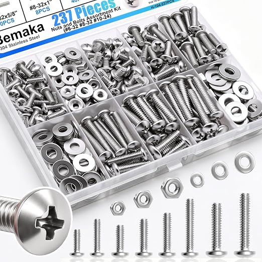 Nuts and Bolts Assortment Kit, 304 Stainless Steel Bolts 8 Sizes #6-32#8-32#10-24 Phillips Pan Head Machine Screws, Assorted Bolts, Nuts and Washers Kit (237PCS)