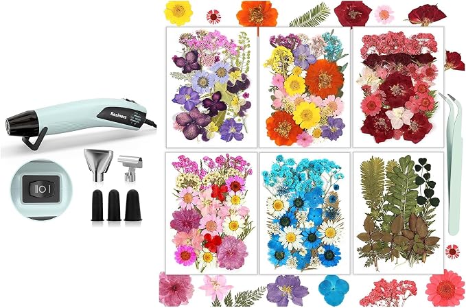 Resiners Colorful Dried Pressed Flowers & Heat Gun - Colorful Real Pressed Flowers for Scrapbook Supplies Card Making Resin Jewelry Making Soap Candle DIY Crafts