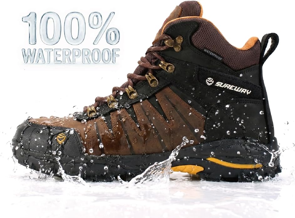 SUREWAY Men's 6" Waterproof Work Boots - Soft Toe,Leather Lace Up,EH Rated, Slip Resistant Outsole for Construction, Roofing & Hunting Work Boots