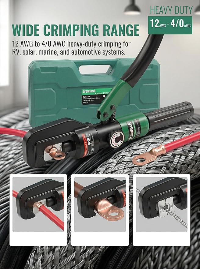 Hydraulic Cable Crimping Tool, Battery Cable Terminal Crimper 12 AWG–4/0 AWG, US Standard AWG Dies, 10-Ton Hydraulic Copper Cable Lugs Crimper for US Standard Cable 12 ga-4/0 ga