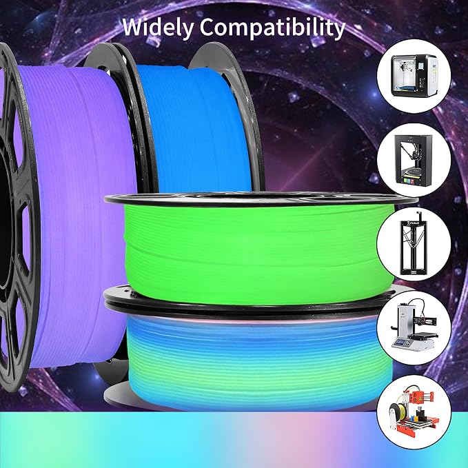 Bblife Glow in Dark PLA 3D Filament Bundle, 4 Popular Luminous Colors: Green, Purple, Blue, Rainbow, 1.75mm, 1kg