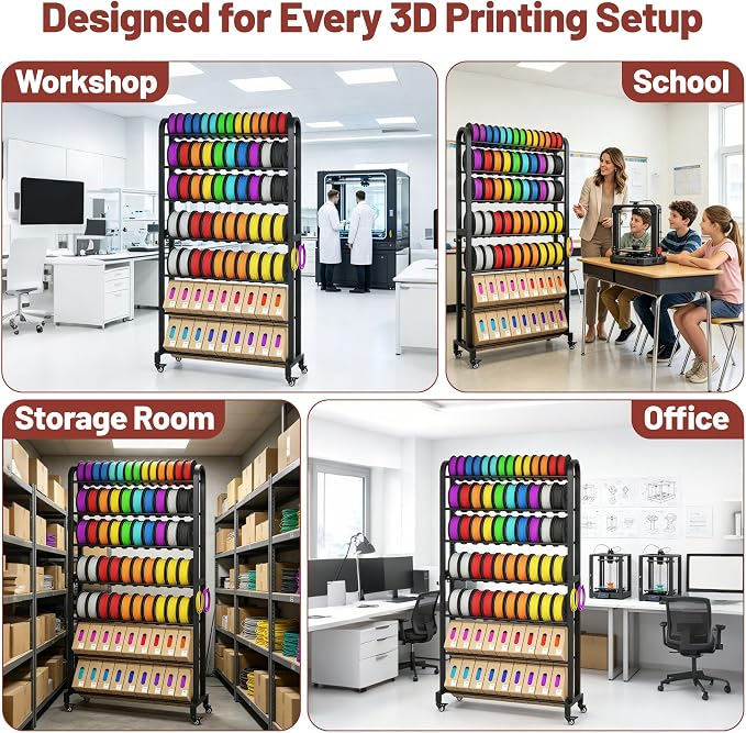 7-Tier 3D Printer Filament Storage Rack with Wheels, Heavy Duty Adjustable Metal Shelf Holds 80 Spools, Tall Mobile Filament Organizer with Hooks for 3D Printing Business & Workshop