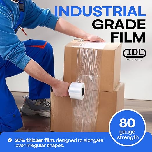 IDL Packaging 3"x 1000' Stretch Wrap Mini Roll of 80 Gauge (2 Rolls) with Plastic Handle - Extra Sticky Clear Plastic Wrap Film - Great for Moving and Office Needs - Self-Adhesive Wrap Packaging