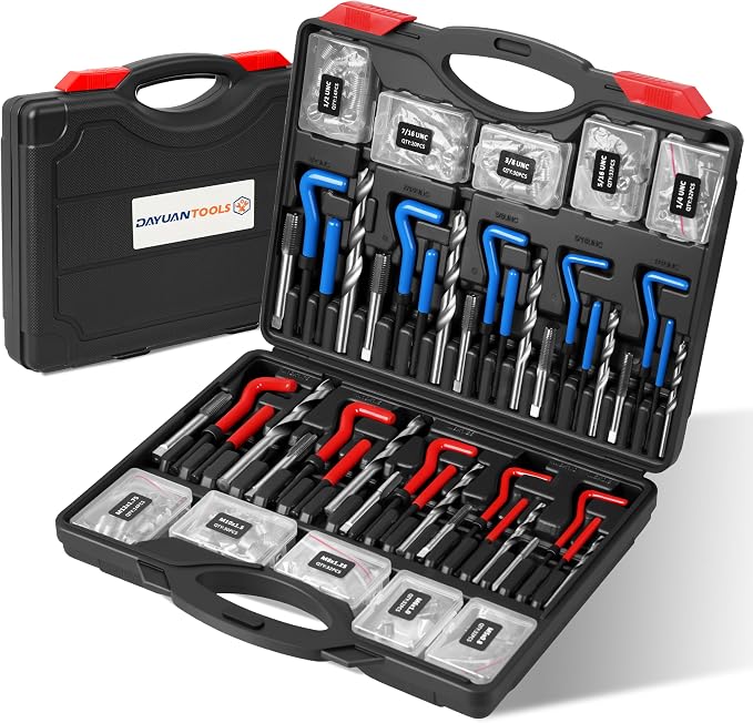 DAYUAN Helicoil Thread Repair Kit SAE Metric, HSS Drill Heli Coil Repair | 320Pcs, SAE & Metric Sizes，135° Split-Point HSS Drill Bits，Stainless Steel Inserts，Repairs Stripped Threads