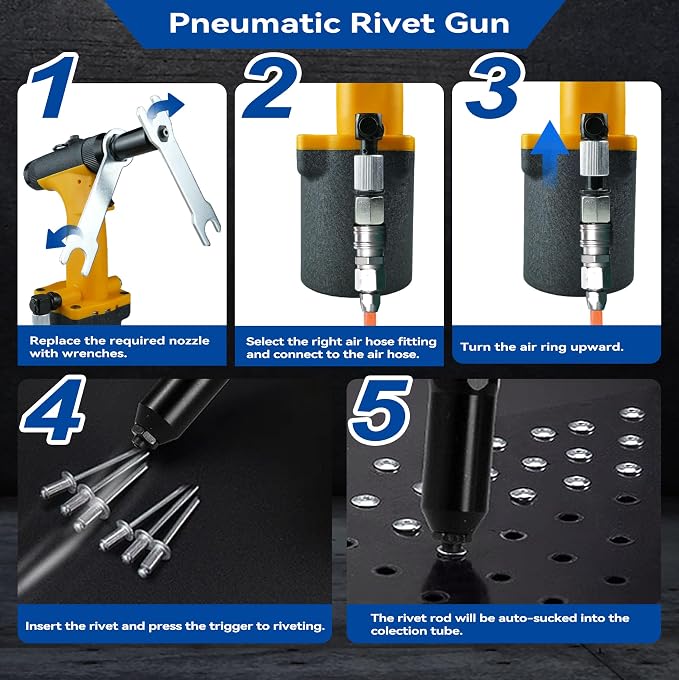 Pneumatic Rivet Gun Kit, Air Riveter Tool with 4 Nozzles (3/32"-3/16"), Switch-Type Interface, Self-Suction Design for Auto Repair & Metal Work