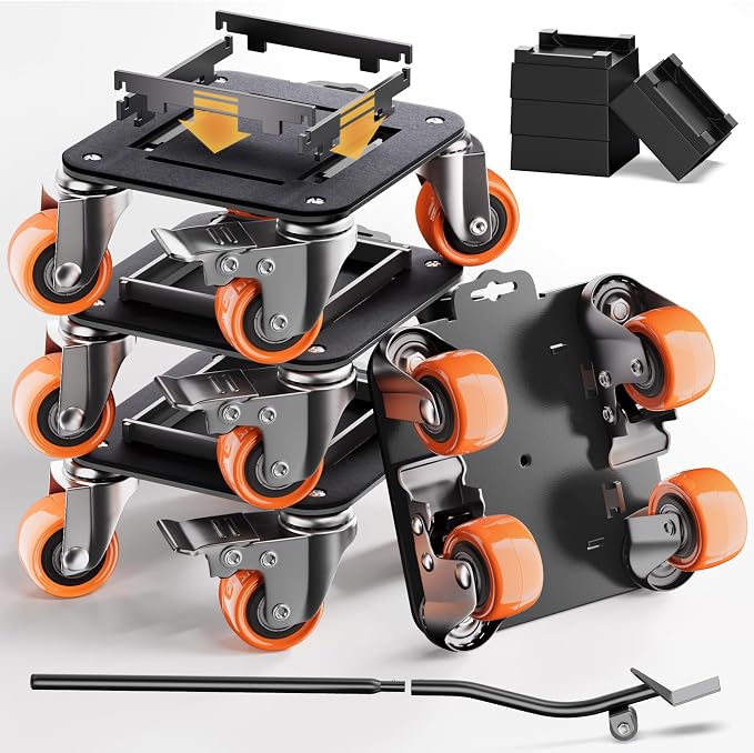 Furniture Movers with Wheels, Upgraded Guardrails for No Slips, Heavy Duty Furniture Dolly, Furniture Sliders with Wheels, Furniture Lifter Tool Included (Orange, 6.3" × 6.3" Pro Max)