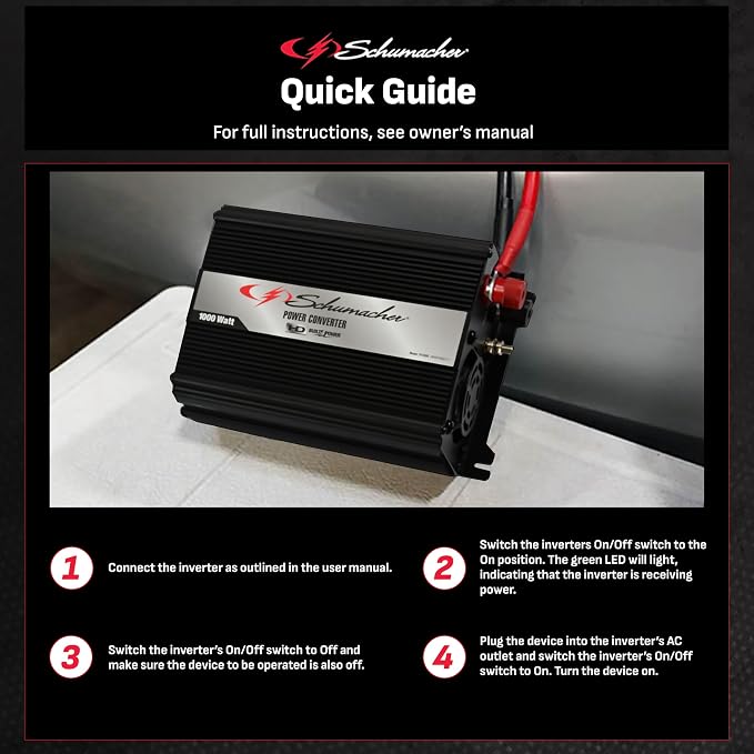 Schumacher Electric SI1000 DC to AC Power Inverter - 1000W AC/USB - for Converting Vehicle Power to Household Power for Camping, Tailgating and More