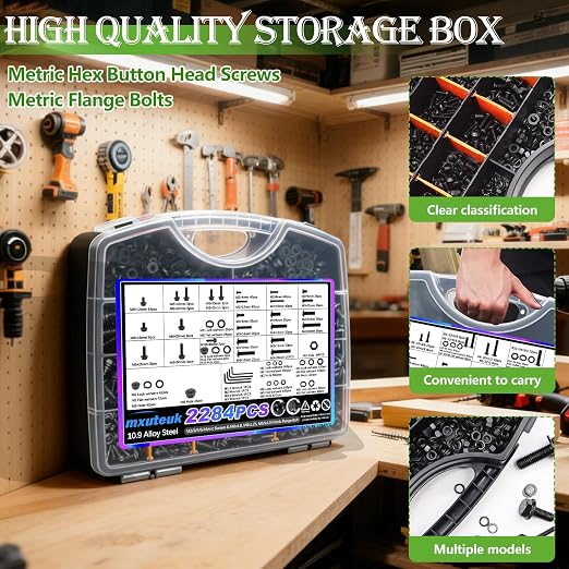 mxuteuk 2284PCS Metric Screws & Flange Bolt Assortment,Nuts and Bolts Assortment Kit M2/M3/M4/M5/M6/M8/M10 Machine Screws Kits,Grade 10.9 Alloy Steel Hex Socket Button Metric Screw