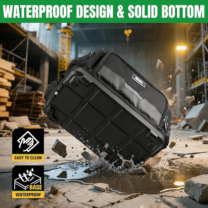 SK 21-Inch Heavy Duty Tool Bag, 1680D Fabric with Waterproof Hard Base, Dual Zipper, Padded Shoulder Strap & Touch Fastener Handle, Tool Storage with 50 Pockets, 40 Webbing Loops