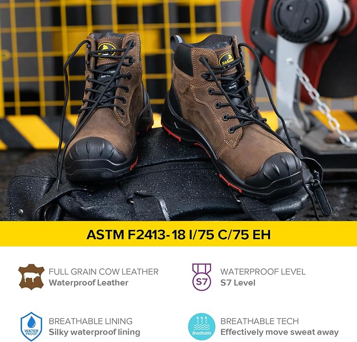 Safety Boots for Men Work Boots Waterproof Cow Leather Slip On Work Shoes Wide Fit