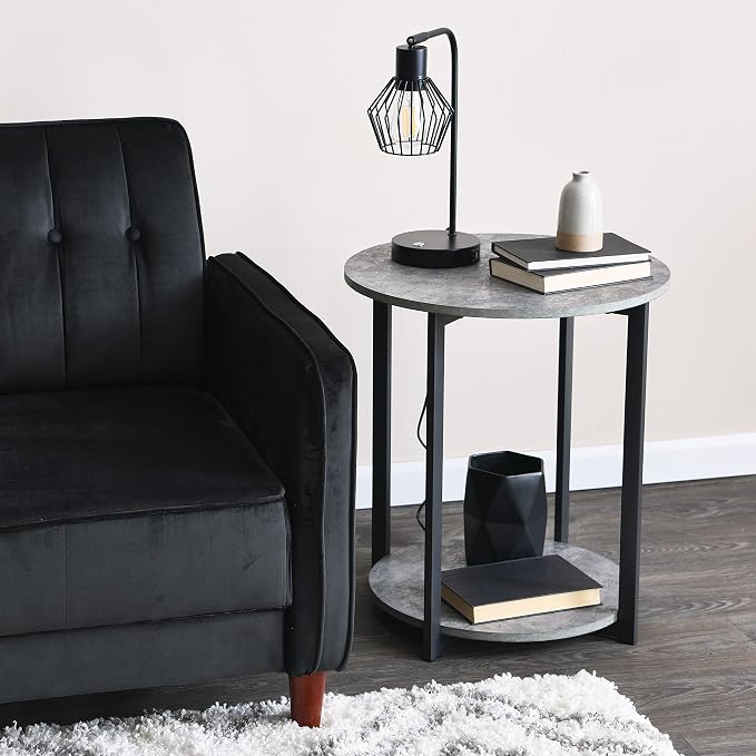 Household Essentials Jamestown Round Side End Table with Storage Shelf Rustic Slate Concrete and Black Metal