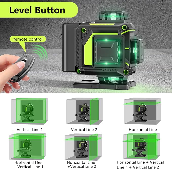 16 Line Laser Level 360 Self Leveling, 4x360°Professional 4D Green Cross Line laser Level with 2 Batteries, Adjustable Brightness & Remote Control, for Tiling Floor Construction and Picture Hanging
