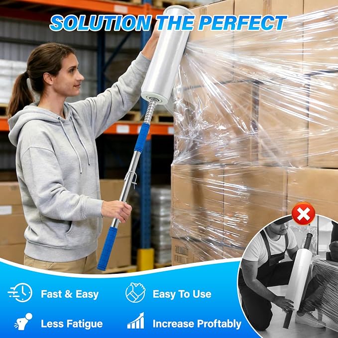 2-Pack Stretch Wrap Dispenser丨48 Inch Long Handle Pallet Wrap Tool丨Fits 12"-19" Film Rolls with 1.5"-3" Core丨Heavy Duty Aluminum Stretch Film Holder for Warehouse Shipping Packaging（Film Not Included）