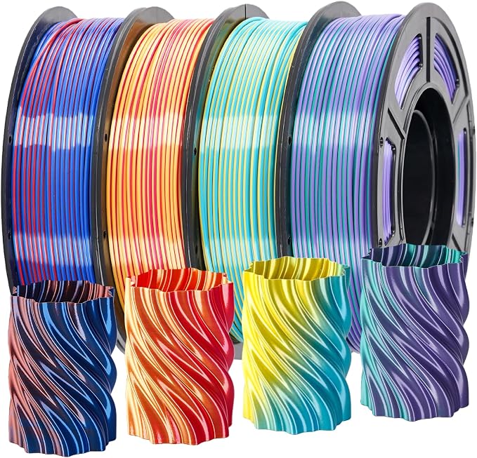 Silk Dual Color PLA 3D Printer Filament Bundle, 1.75mm Magic Coextruded Shiny Printing Filament, 4 Pack 250g Mini Spools 1kg Total - Cyan/Gold, Green/Purple, Gold/Rose, Red/Blue
