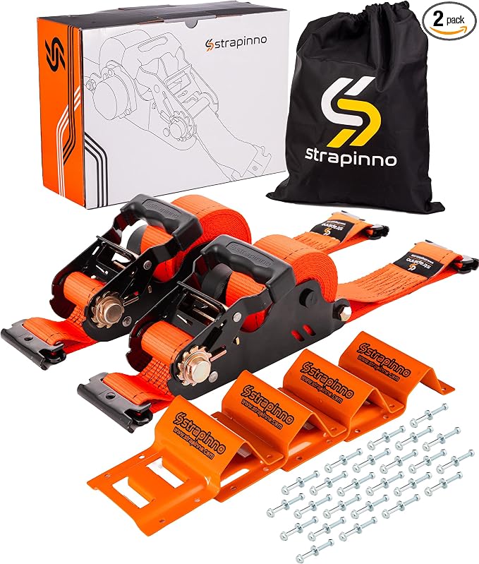 Strapinno E-Track Retractable Ratchet Straps with Wheel Chock Kit, 4500lbs Breaking Strength - 2in x 12ft Heavy Duty Ratchet Strap for Trailer Tie Down System to Secure ATV, UTV & Lawn Mower (2 PCs)