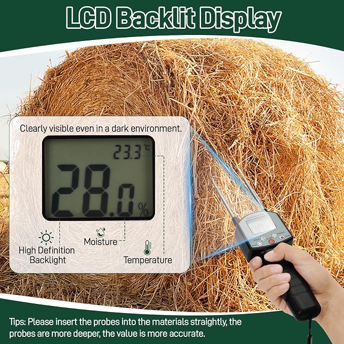 TK100H Hay Moisture Tester, Portable Accurate Hay Moisture Meter, Hay Moisture Tester Probe with Backlit Large Screen, Hay Tester Probe for Froage, Alfalfa Orchard Grass, Bales