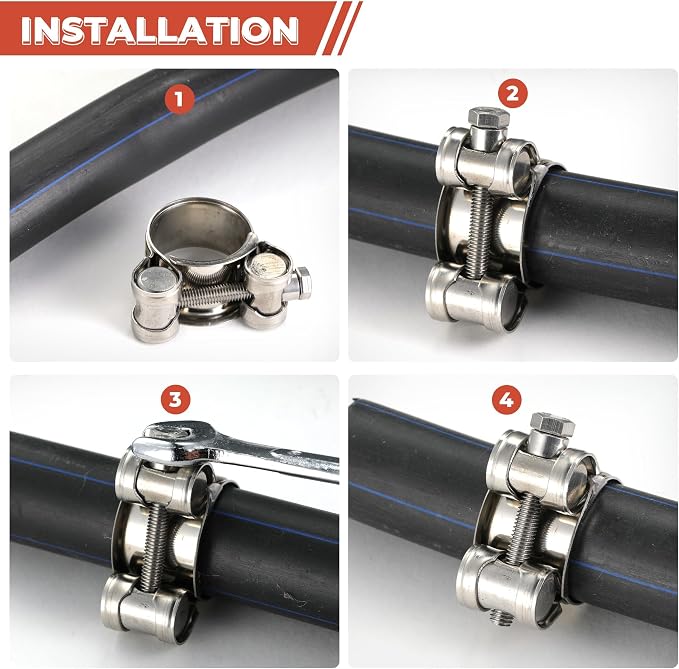 AKIHISA 50Pcs 17-43mm 8Sizes T Bolt Hose Clamps, 304 Stainless Steel Heavy Duty Hose Clamps, Constant Tension Hose Clamp, with M8 and M10 Socket Wrenches