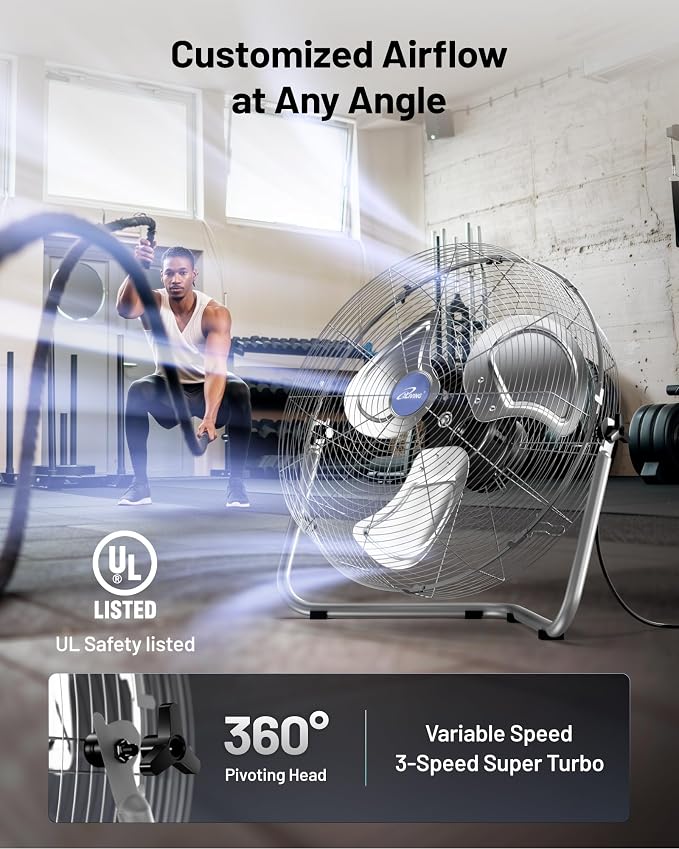 iLiving 20 Inch 7500 CFM Turbo High Velocity Floor Fan, 3-Speed Heavy Duty Metal Fan for Office, Commercial, Workstation, Greenhouse, Garage, Warehouse, Shop Attic Use, Silver, UL Listed