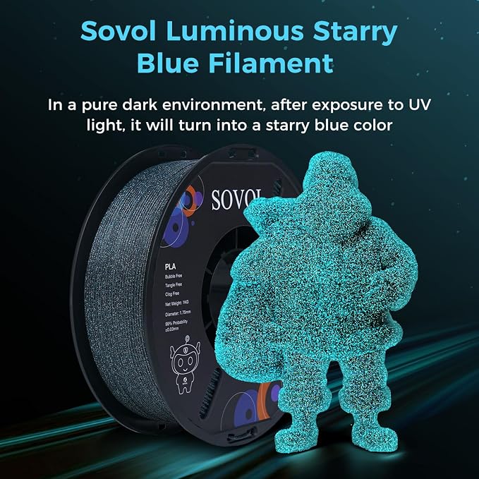 Sovol 3D Printer Luminous Filament, Glow in The Dark PLA 1kg (2.2 lbs) Spool 3D Printing Materials, Dimensional Accuracy +/- 0.03 mm, 1.75 mm, Shiny Blue