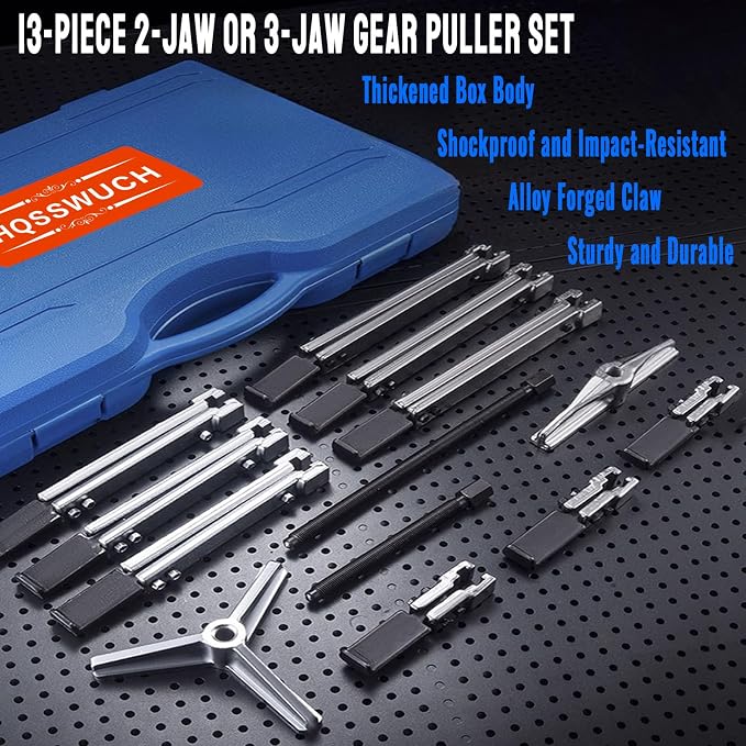 Gear Puller Set, 13Pcs Large Bearing Puller Kit, 2 Jaw & 3 Jaw Gear Puller, Heavy Duty Cr-V Steel Pulley Flywheel Puller for Removal Bearings, Gears, Pulleys and Flywheels Vehicles and Machinery.