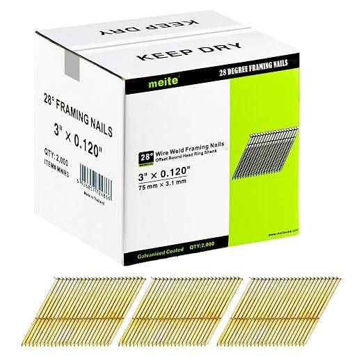 meite 28 Degree Framing Nails 3 Inch x .120'' Galvanized Wire Weld Collated Nails for Framing Nailer Gun, Offset Round Head Ring Shank Framing Nails for Structural Wall Sheathing Decking 2,000PCS | Offset Round Head Wire-weld Collated Nails, Rust-proof...