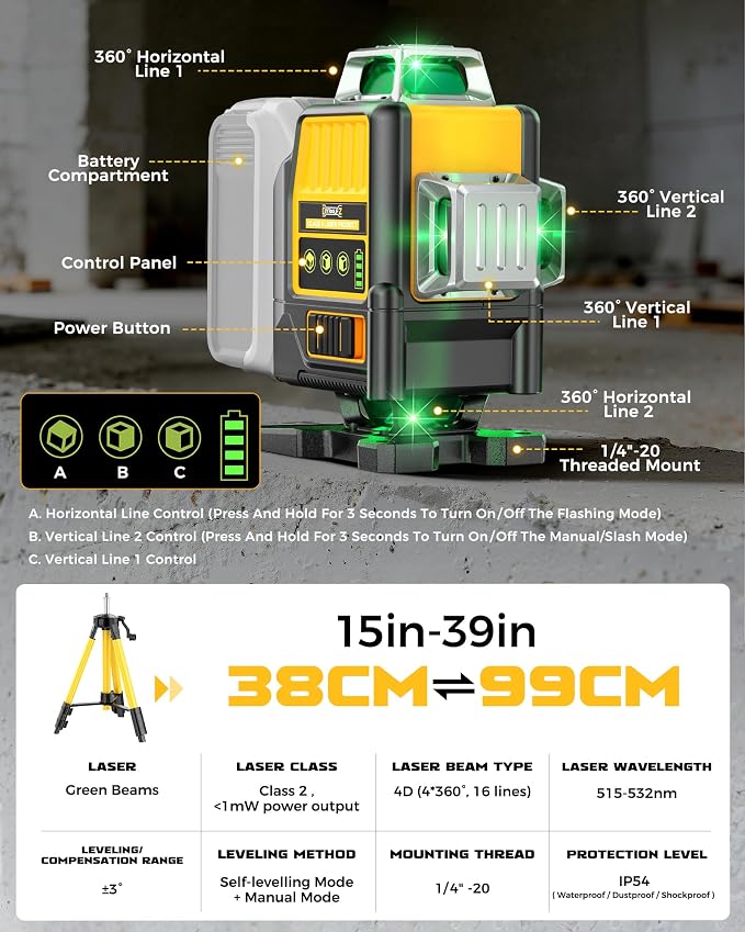 DIYtoolifz Laser Level with Tripod Compatible with DeWalt 20V Battery, 4D Green 16-Line 4x360° Self Leveling Lazer Leveler Tool for Construction, Floor Tile, Home Renovation, Indoor Use, Tool Only