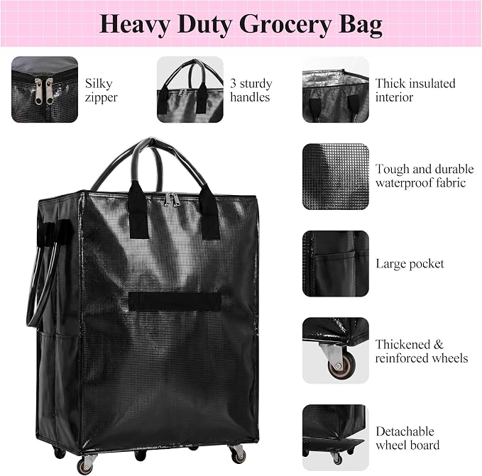 Reusable Grocery Bag on 5 Wheels, Rolling Shopping Bags with Removable Baseboard, Foldable Tote Cart for Groceries, Laundry, Organization, Moving (Black)