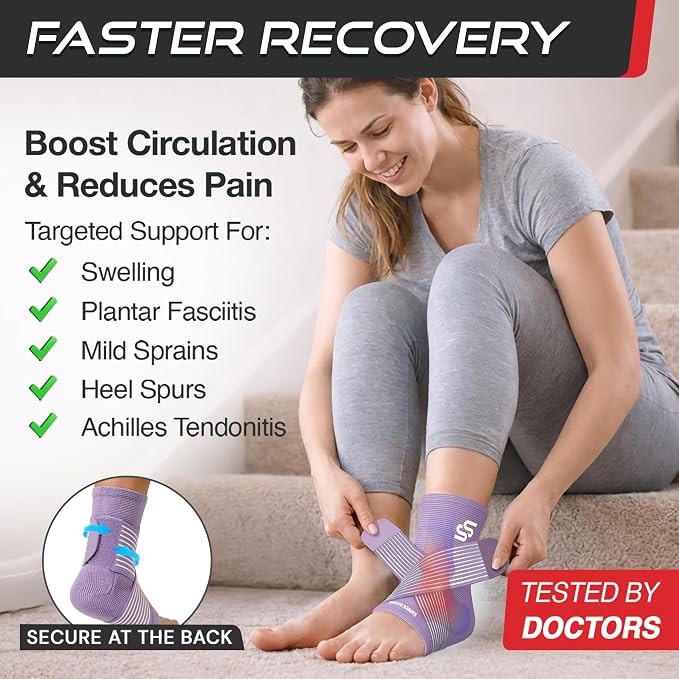 Sleeve Stars Ankle Brace for Women & Men, Ankle Wrap for Sprained Ankle, Compression Sleeve for Plantar Fasciitis Relief, Easy Customizable Support: w/Removable Strap (Single/M:10"-12"/Light Purple)