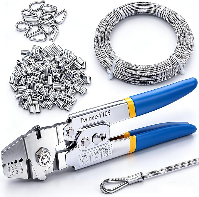 Twidec/Wire Rope Crimping Tool Up To 2.2mm Swaging Tool With 160PCS 1/16''Aluminum Crimping Loop Sleeve And 66FT 1/16'' 304 stainless steel Wire Rope 12PCS Wire Rope Thimbles Kit