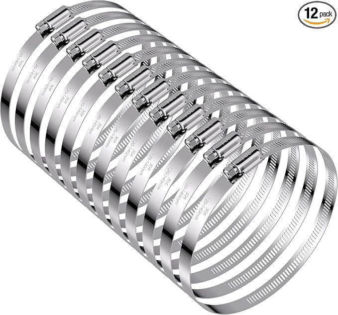 12Pack 5 inch Hose Clamps,Stainless Steel Large Hose Clamp Adjustable from 4-23/32"-5-1/2"/120-140mm,Metal Worm Gear Duct Clamp for Dryer Vent Hose,Fuel Line,Plumbing,Automotive,Exhaust,Radiator