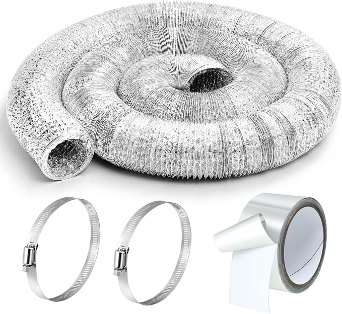 Zonon Dryer Vent Hose 4 Inch X 100 Feet Flexible Aluminum Foil Ducting Non Insulated with Stainless Steel Clamps and Aluminum Tape for Pipe, HVAC Heating Cooling Ventilation and Exhaust(Silver)