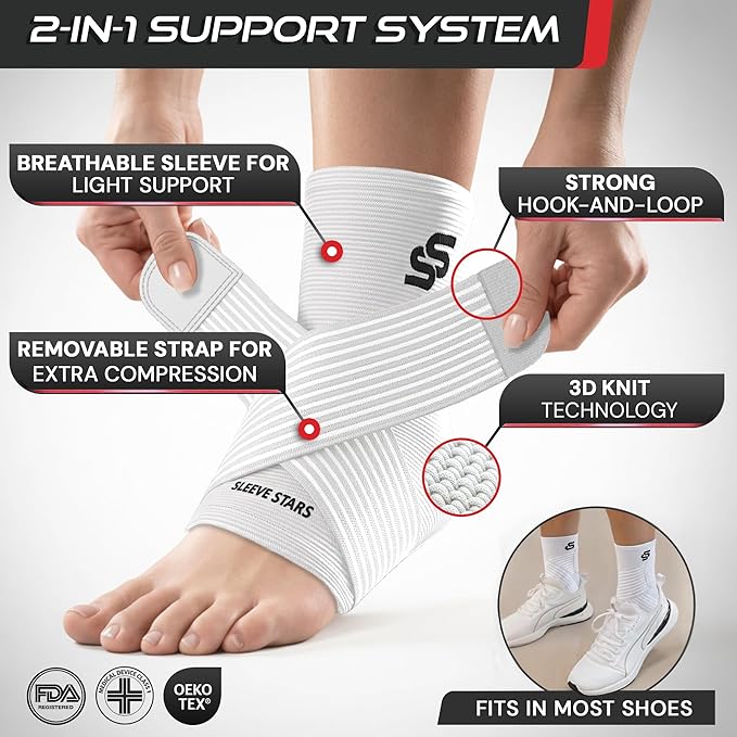 Sleeve Stars Ankle Brace for Women & Men, Ankle Wrap for Sprained Ankle, Compression Sleeve for Plantar Fasciitis Relief, Easy Customizable Support: w/Removable Strap (Single/M:10"-12"/White)