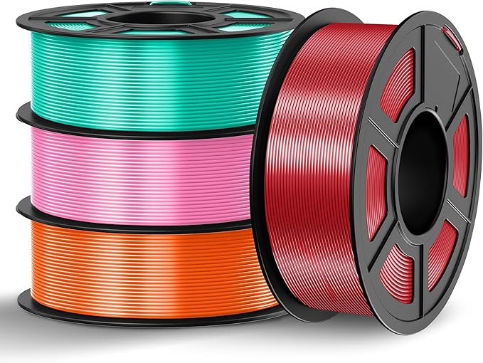 TECBEARS Silk Filament 1.75, Shiny Silk PLA Filament, 3D Printer Filament with Smooth Silky Surface, Pack of 4, Red+Orange+Pink+Green