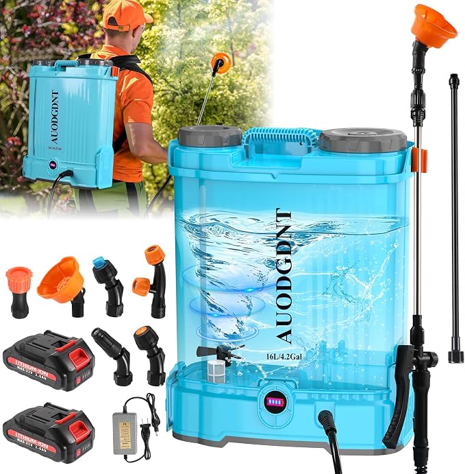 Battery Powered Backpack Sprayer 4.2 Gallon with Auto-Mixing System, 21V Dual Battery System (2.6Ah Each), 2 Interchangeable Spray Wands (Stainless Steel & Fiberglass), for Garden & Lawn
