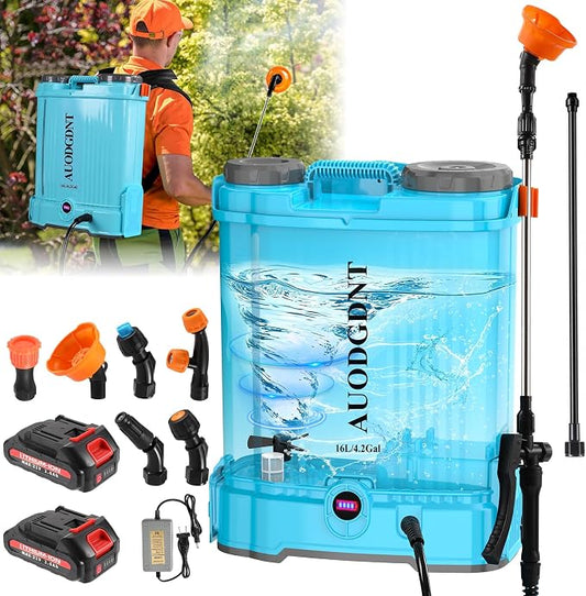 Battery Powered Backpack Sprayer 4.2 Gallon with Auto-Mixing System, 21V Dual Battery System (2.6Ah Each), 2 Interchangeable Spray Wands (Stainless Steel & Fiberglass), for Garden & Lawn